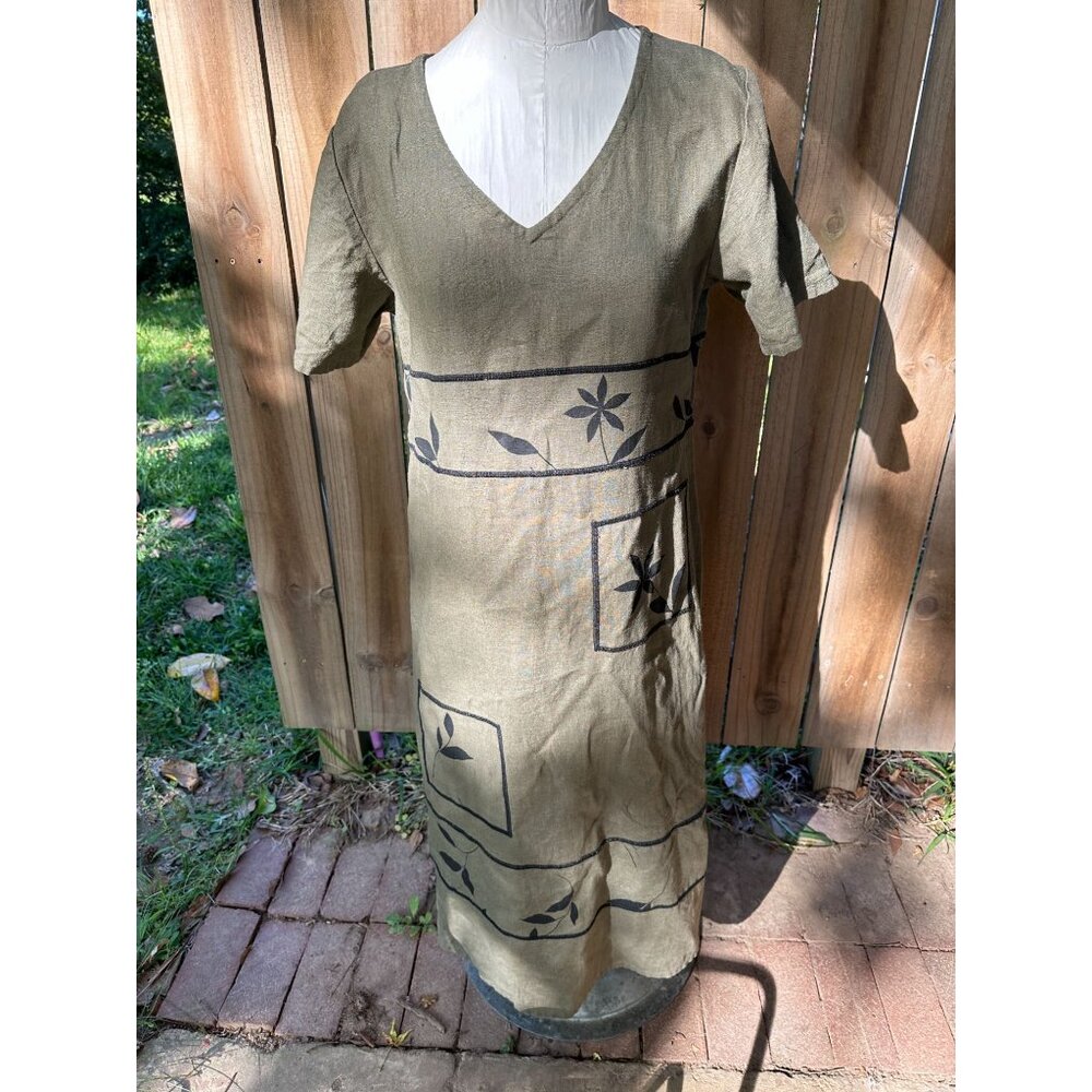 VIntage 90s POSITIVE ATTITUDE Artsy LINEN MAXI DRESS PS Petite Small